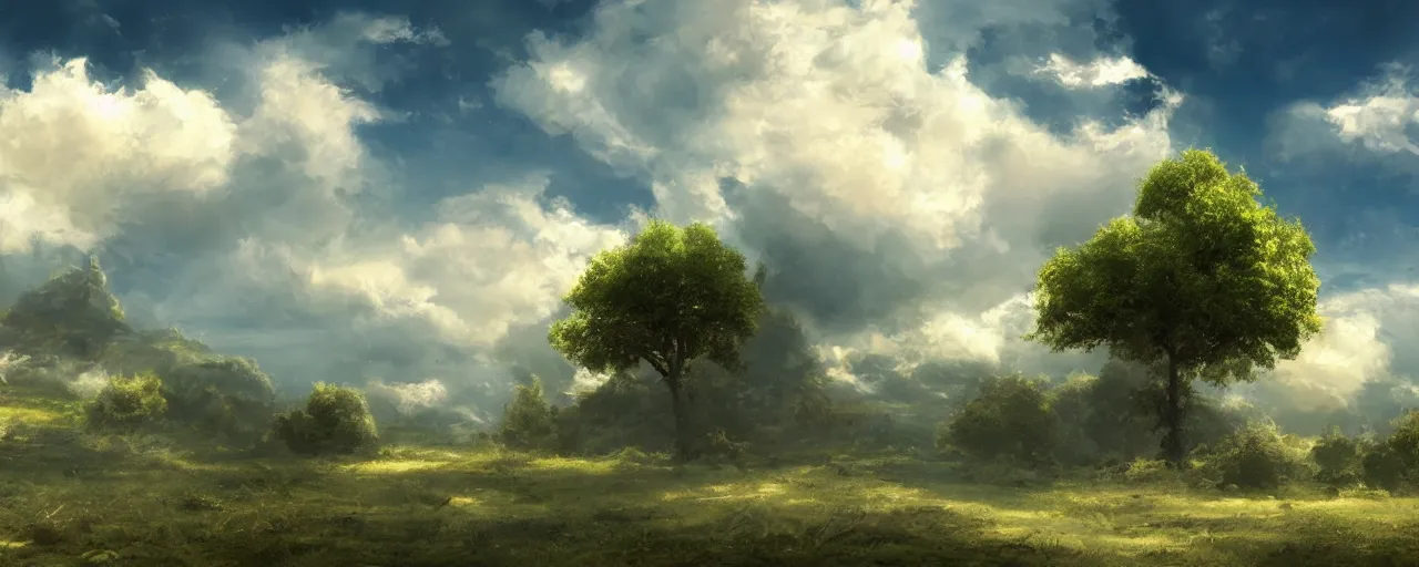 Image similar to peaceful puffy clouds, matte painting, concept art, 4k