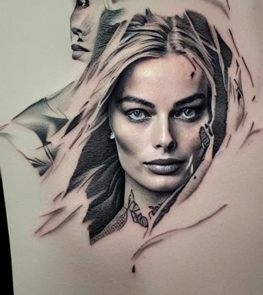 Prompt: tattoo design sketch double exposure of margot robbie faded in beautiful mountain scenery, creative mash up, in the style of arlo dicristina, surrealist, amazing detail, sharp