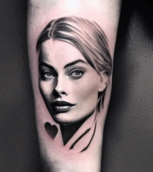 Prompt: mash up tattoo sketch of margot robbie with beautiful mountain scenery, double exposure effect, in the style of arlo dicristina, hyper realism, amazing detail, sharp