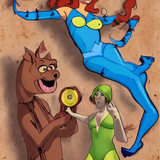 Image similar to Scooby Doo, cover art by stephen Bliss, no text, wearing a bikini, holding a gun, trending on artstation