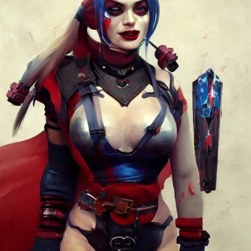 Image similar to portrait of Harley Quinn in bikini armor, dc comics, cyberpunk, Warhammer 40000, dark fantasy, digital art from artstation by Ruan Jia and Mandy Jurgens and Artgerm and william-adolphe bouguereau