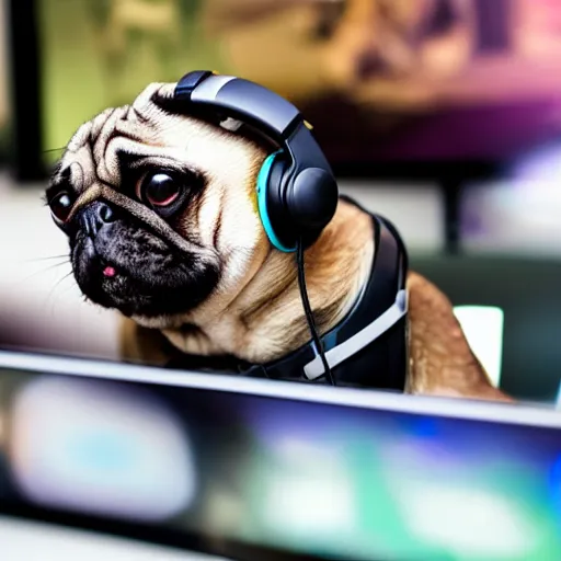 Image similar to pug wearing headphones, holding controller, intensely gaming on his TV