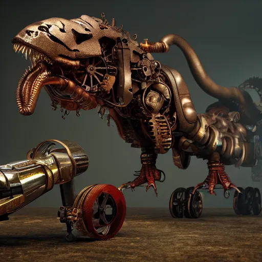 Image similar to A steampunk tyrannosaurus, cogs and wheels, mechanical hydraulics, epic composition, volumetric lighting, 8k, octane render, trending on ArtStation