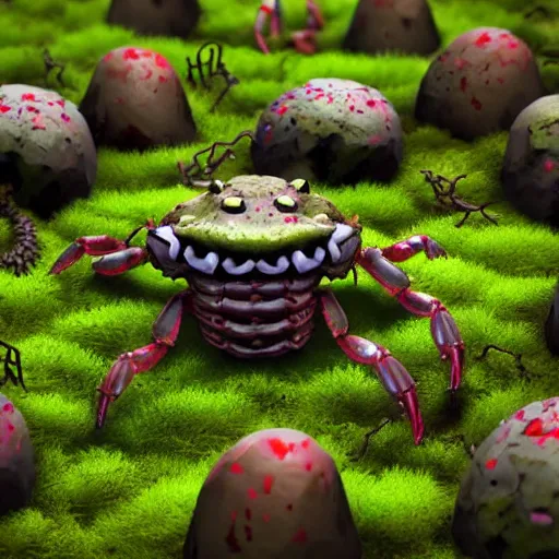 Image similar to voidless of the festival!, The Graveyard, large group of crabs and worms, crawling along a bed of moss, low poly, creeper world, handcrafted, artstation, hyperrealistic, hard light, best practices, creeptastic, photorealism, macro perspective, cuddly