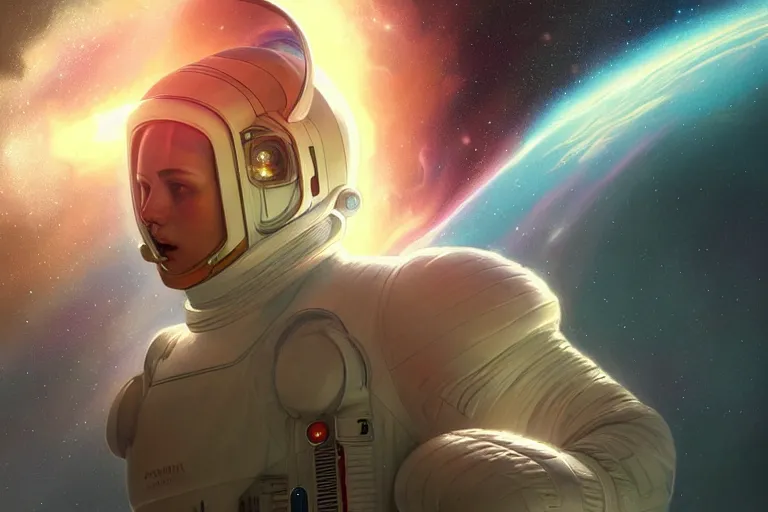 Image similar to Portrait of a Futuristic astronaut reflective visor reflecting a nebula supernova in space, portrait, elegant, intricate, digital painting, artstation, concept art, smooth, sharp focus, illustration, art by artgerm and greg rutkowski and alphonse mucha