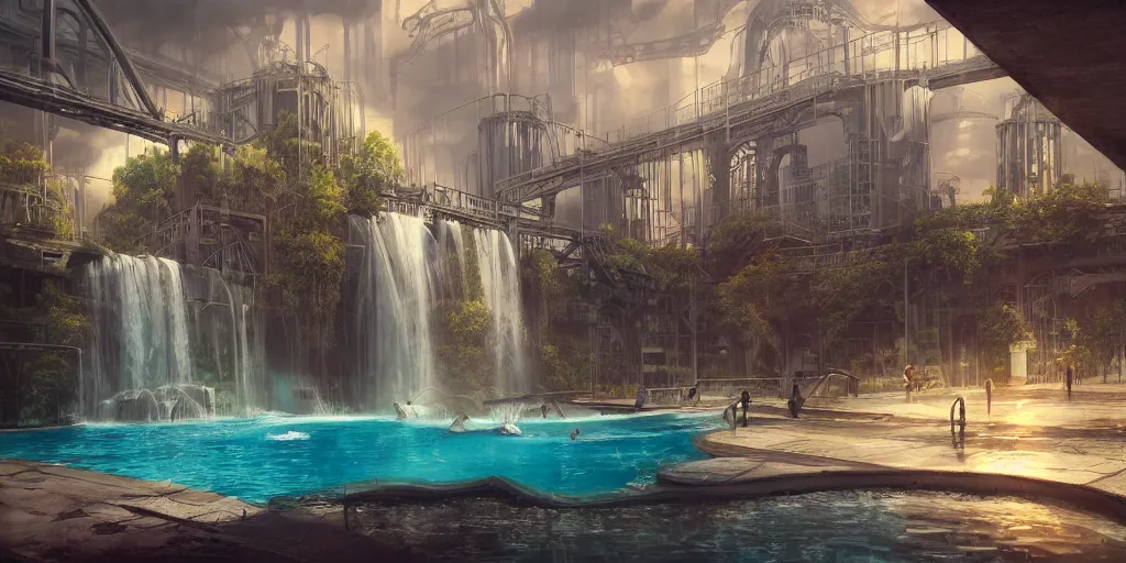 Image similar to beautiful pool waterfalls surrounded by alien robots, steel archways, industrial buildings, rusty metal towers, sun setting, ross tran, fantasy, james jean, peter morbacher, angelarium, alchemy, luxury, heavenly light, soft illumination, trending on artstation, cinematic lighting, digital painting, octane render, artgerm