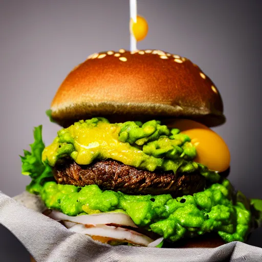 Image similar to juicy vegan hamburger topped with guacamole, fried onion and a fried egg, crispy buns, 8 k resolution, professional food photography, studio lighting, sharp focus, hyper - detailed