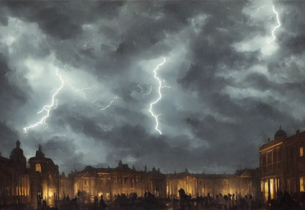 Prompt: medium shot, low-angle, painting multiple ghostly riders in the sky, dark clouds, rain, lightning, night, beautiful, dark academia aesthetic, magic vibes, soft lighting, by Vermeer, by Rutkowsky, by Perov, by Aiwazovsky, oil on canvas, Royal Academy, masterpiece, trending on artstation, cinematic composition, dramatic pose, beautiful lighting, sharp, details, hyper-detailed, HD