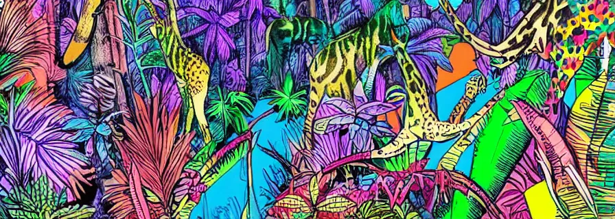 Image similar to party in jungles, author zima blue, pop art, pencil draw, color splashes, graffit effect and grain,