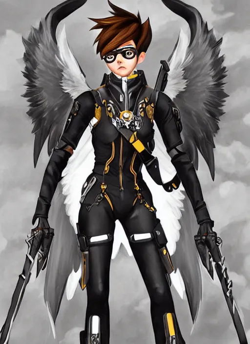 Image similar to full body artwork of tracer overwatch wearing leather collar, angel wings, dramatic painting, symmetrical composition, wearing detailed leather collar, black shiny armor, chains, black harness, detailed face and eyes,