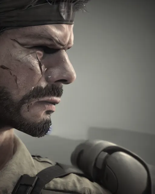 Prompt: solid snake portrait, cinematic lighting, anguished crying screaming yelling, mouth open, black atmospheric background, 4 k photography hdr