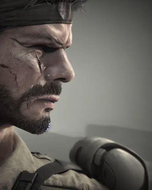 Image similar to solid snake portrait, cinematic lighting, anguished crying screaming yelling, mouth open, black atmospheric background, 4 k photography hdr