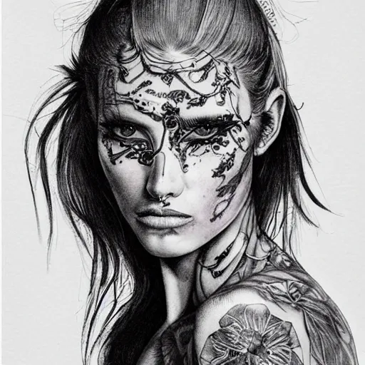 Prompt: a beautiful portrait of a heavily tattooed Runway model Travis Charest style