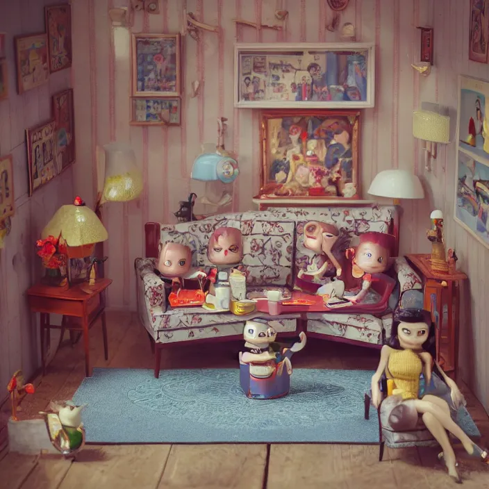 Image similar to portrait of a retro 1 9 5 0 s tin toy living room, depth of field, zeiss lens, detailed, symmetrical, centered, fashion photoshoot, by nicoletta ceccoli, mark ryden, lostfish, breathtaking, 8 k resolution, extremely detailed, beautiful, establishing shot, artistic, hyperrealistic, octane render