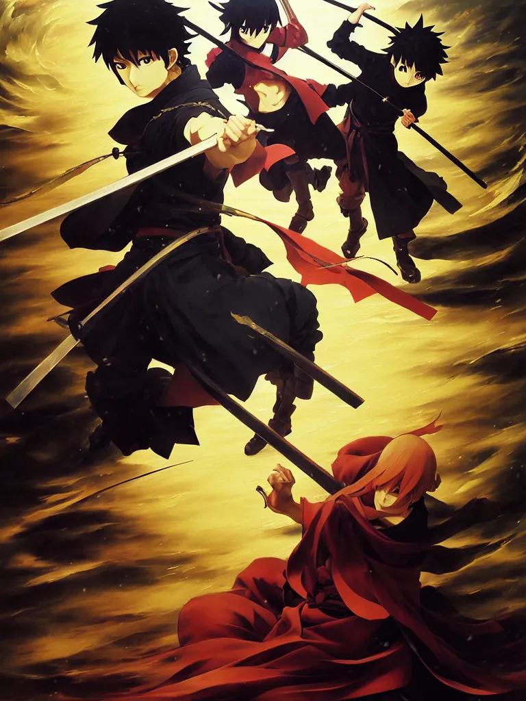 Image similar to baroque oil painting of key visual ninja duel, rain, rule of thirds golden ratio, fake detail, trending pixiv fanbox, acrylic palette knife, style of makoto shinkai takashi takeuchi yoshiyuki sadamoto greg rutkowski