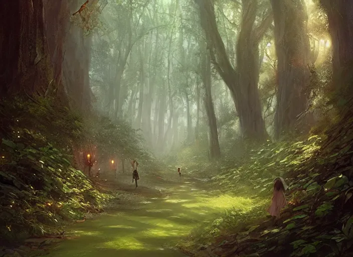 Prompt: A beautiful pathway in a forest with fairies, lush trees, a fantasy digital painting by Greg Rutkowski and James Gurney, trending on Artstation, highly detailed