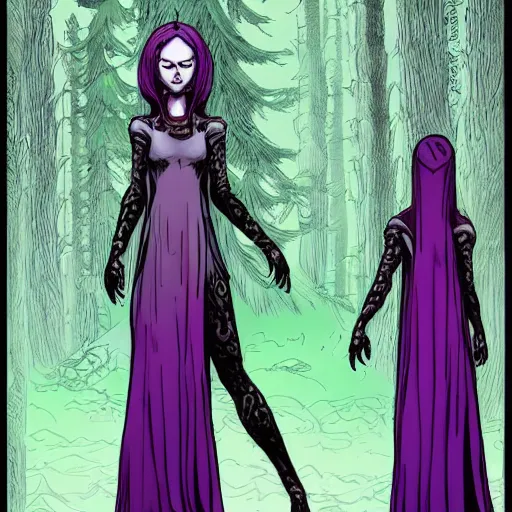 Prompt: character art of evil druidess | dynamic pose | by Junji Ito | blighted forest | comic book style | realistic face and body | beautiful detailed young face | pulp adventure heroine | green and purple vivid | thick line art