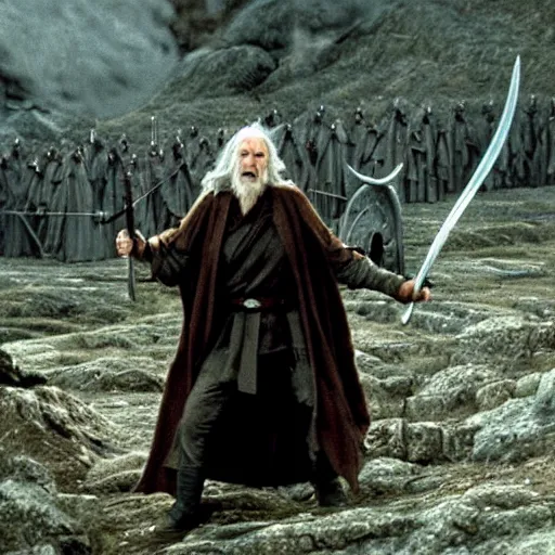 Image similar to Liam Neeson as Gandalf in the fellowship of the ring action sequence battle at Minas Tirith