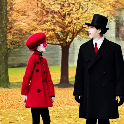 Image similar to a thin man in a black coat and bowler hat talks with small young girl who is dressed in a red coat and a red hat, park, autumn, 1923, wide angle, high detail, By Makoto Shinkai, Stanley Artgerm Lau, WLOP, Rossdraws, James Jean, Andrei Riabovitchev, Marc Simonetti, krenz cushart, Sakimichan, D&D trending on ArtStation, digital art, width 768