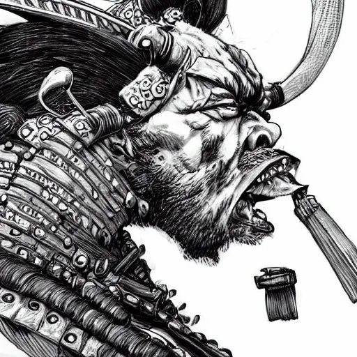 Image similar to a close up of an enraged samurai, stunning details, by kim jung gi