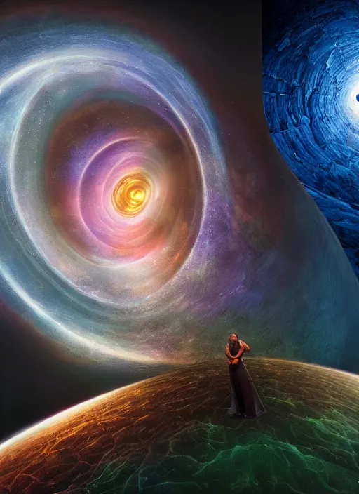 Image similar to the expansion of self realization, portrait, while tipping hallucinogenic dmt, space and time bending into a vortex of subjective reality, event horizon from within, ron walotsky, michal karcz
