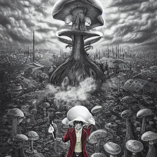 Image similar to A centered chest up portrait of a psychedelic demonic anthropomorphic frog smoking a hand-rolled cigarette smoking heavily , magic mushroom village in background . award winning. superb resolution. in the art style of junji Ito and greg rutkowski . Detailed Mushroom city in background. Hyper realistic anime. Perfect art. Dalle2