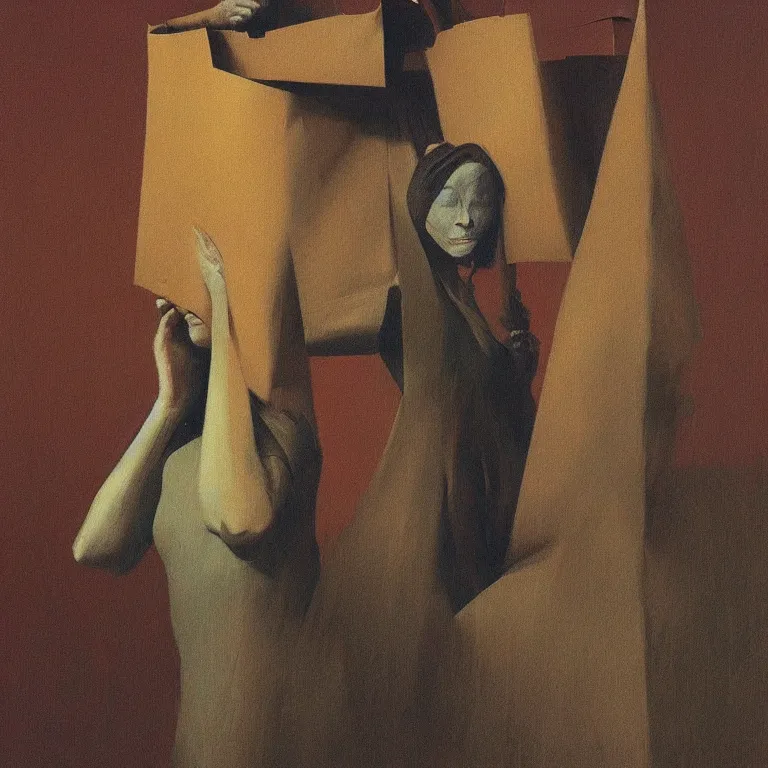 Image similar to woman in paper bag over the head and a sward Edward Hopper and James Gilleard, Zdzislaw Beksinski, highly detailed