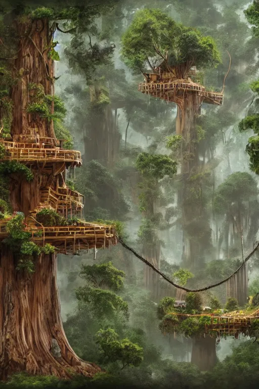 Image similar to various treehouses mounted on giant redwood tree trunks, interconnected by rope bridges, fantasy setting, dense vegetation, very detailed, d & d concept art, 4 k