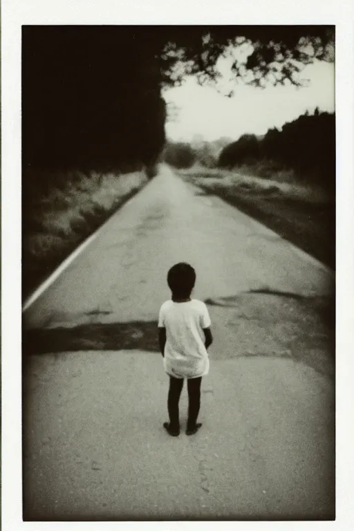 Prompt: photo polaroid of a sad and lonely child in the middle of a road with field hospitals , field hospitals, pandemic, loneliness, black and white ,photorealistic, 35mm film,