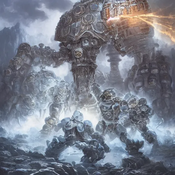 Prompt: moonstone, armoured chaos golem still frame from warhammer movie, legendary magical crystal construct by wayne barlowe, crystal golem fighting vast army by jakub rozalski, metal couture moonstone lightning elemental by malczewski