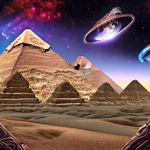 Image similar to ultrarealistic cgi aliens in a meeting of the galactic federation 1 5 0 0 0 years ago before matrix installation. realistic futuristic background unreal engine hyperdetailed photorealistik patterned robes. ancient pyramids with sacred geometry glowing scenery background in the style of android jones