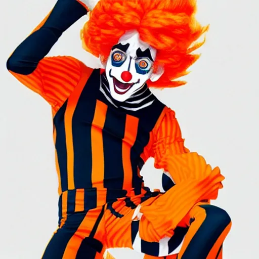 Image similar to a clown wearing orange wig and striped shirt, art by hirohiko araki, hirohiko araki, araki artwork, jjba concept art,