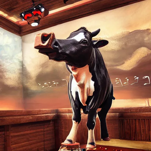 Prompt: a cow singing karaoke in a karaoke machine, very beautiful fantastic painting D&D Concept Art, full length, ultra Realistic, Regal, Refined, Detailed Digital Art, Exquisite detail, post-processing, masterpiece, Cinematic Lighting, Unreal Engine, 8k, HD