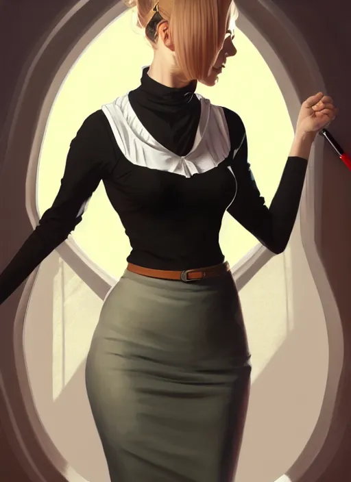 Image similar to portrait of a full body of beautiful young female secretary, d & d, sleeveless turtleneck, pencil skirt, fantasy, flat lighting, intricate, highly detailed, digital painting, artstation, concept art, smooth, sharp focus, illustration, art by simon bisley and greg rutkowski and alphonse mucha, natural tpose