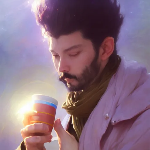 Image similar to A man drinking a cup of cosmic energy bright light, illustration by Ruan Jia and Mandy Jurgens and William-Adolphe Bouguereau, Artgerm, 4k, digital art, surreal, anime style, space dandy style, highly detailed, godsend, artstation, digital painting, concept art, smooth, sharp focus, illustration by Ruan Jia and Mandy Jurgens and William-Adolphe Bouguereau, Artgerm