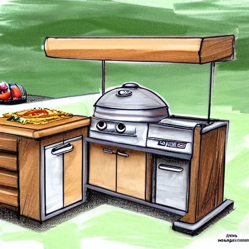 Image similar to new concept for small outdoor kitchen design with grill and pizza oven, designer pencil sketch, HD resolution
