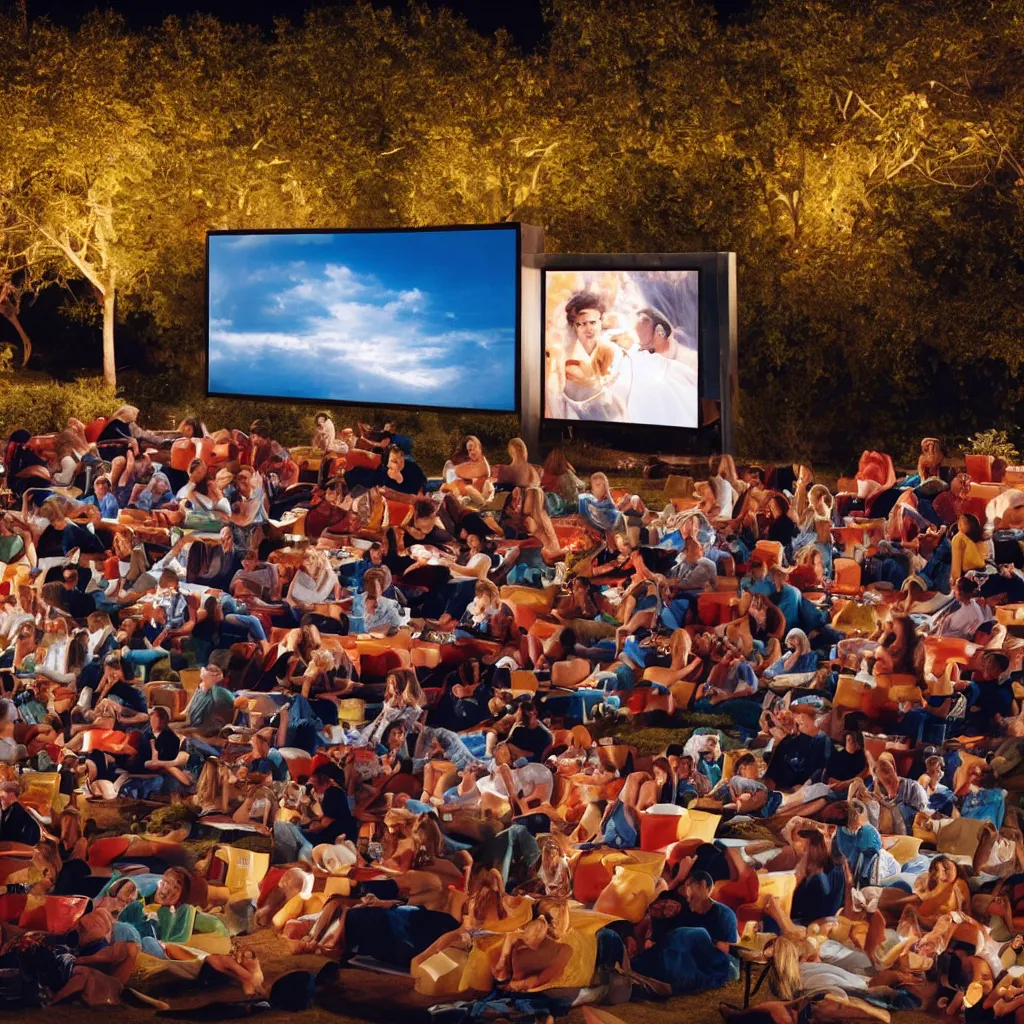 Image similar to outdoor cinema screen with moviegoers, giant popcorn bucket, at night symmetrical rule of thirds