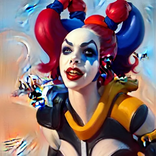 Image similar to Greg Manchess portrait painting of Harley Quinn as Overwatch character, medium shot, asymmetrical, profile picture, Organic Painting, sunny day, Matte Painting, bold shapes, hard edges, street art, trending on artstation, by Huang Guangjian and Gil Elvgren and Sachin Teng