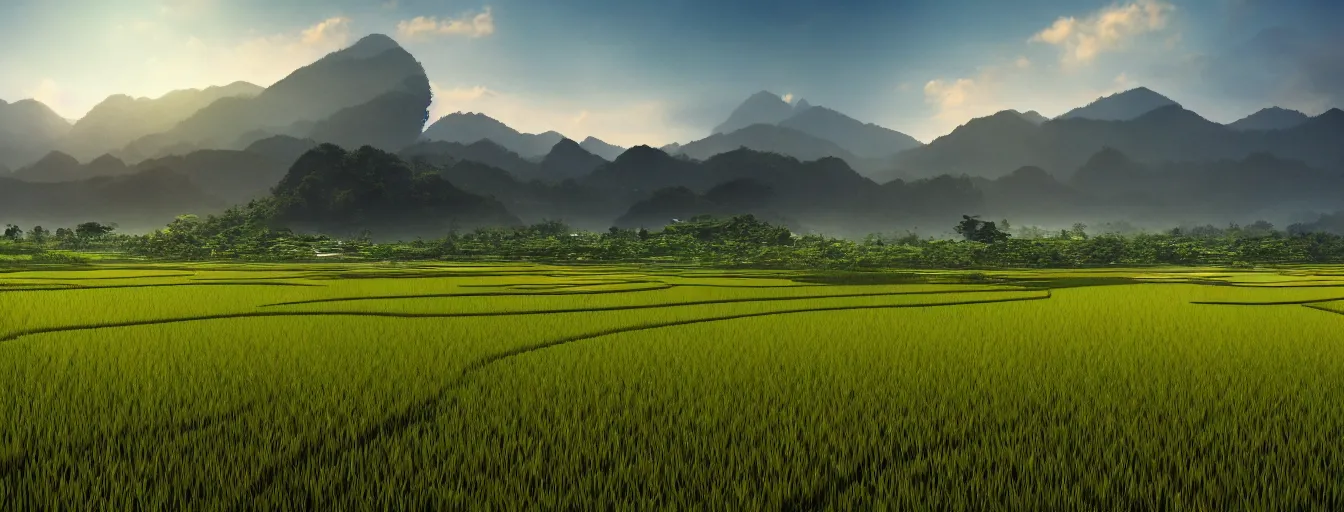 Image similar to Photo of paddy field of Yan, with several village and gunung jerai mountain at the background, wide angle, volumetric light, hyperdetailed, light water, artstation, cgsociety, 8k