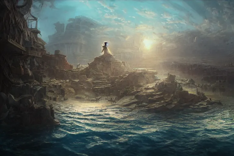 Prompt: a beautiful painting of the sunken city of Atlantic city under water, ray of sunlight, mermaid in distance, Greg Rutkowski