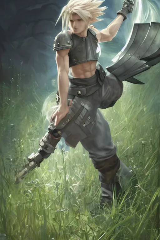 Image similar to cloud from final fantasy 7, battle stance , highly detailed, in a magical lush field of overgrown plants, digital painting, artstation, concept art, smooth, sharp focus, illustration, cinematic lighting, art by artgerm and greg rutkowski and alphonse mucha