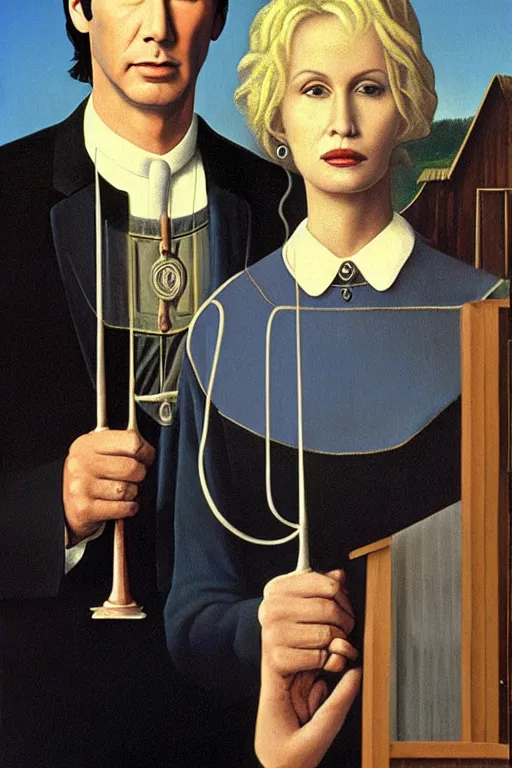 Image similar to painting of Keanu Reeves and Dolly Parton as the couple in American Gothic in the style of Grant Wood