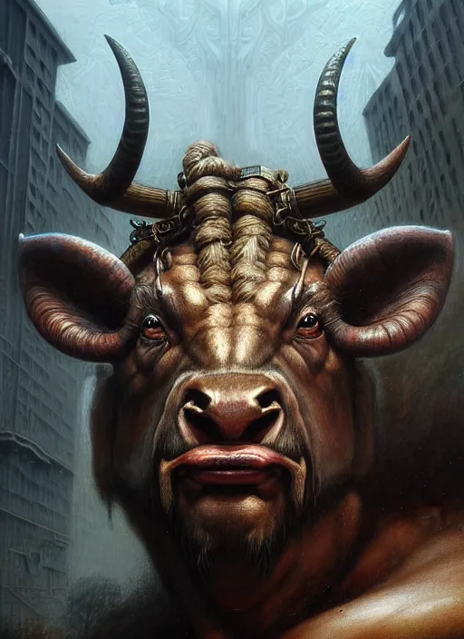 Image similar to closeup portrait shot of a minotaur in a scenic dystopian environment, intricate, elegant, highly detailed, centered, digital painting, artstation, concept art, smooth, sharp focus, illustration, artgerm, tomasz alen kopera, peter mohrbacher, donato giancola, joseph christian leyendecker, wlop, boris vallejo