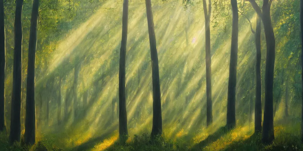 Image similar to An oil painting of an intensely beautiful forest in the morning; rays of light coming through the canopy; trending on artstation