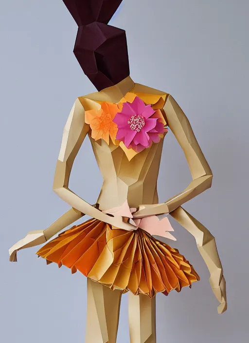 Image similar to portrait of a beautiful ceramic female tiger model wearing sakura and peach ( ( origami themed paper flower ) ) and metallic shapes haute couture by issey miyake