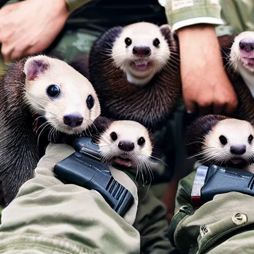 Prompt: a group of ferrets in hypebeast clothing holding a glock towards the camera