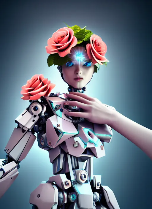 Image similar to mecha holding perfume bottle blooming from corals, daisies, roses contoured smooth fair walls carrying perfume bottle, up close shot, sharp focus, global illumination, radiant light, alexandre ferra white mecha, irakli nadar, octane highly render, 4 k, ultra hd,