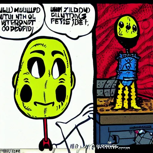 Image similar to zippy the pinhead floating in the multiverse of madness, in the style of bill griffith