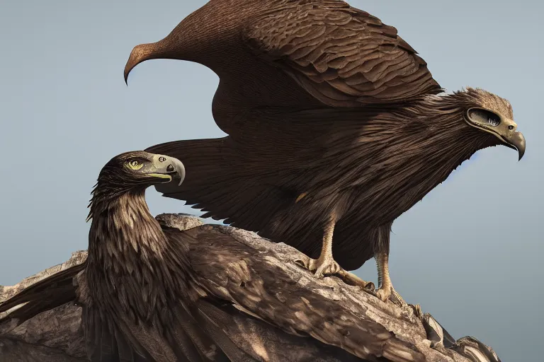 Image similar to a strong vulture next to a malnourished hawk. ultra-detailed, 8k, octane render