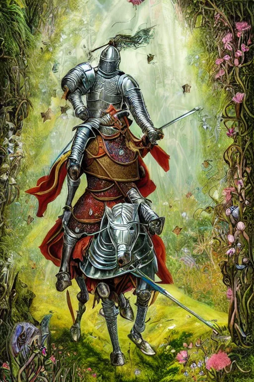 Image similar to medieval knight riding a horse in a magic kingdom overgrown by moss and plants, shiny armor, enchanted forest with fairies, wizards and magic mushrooms in the background, illustrated by james jean, very detailed and colorful and ornamental and floral, comicbook cover